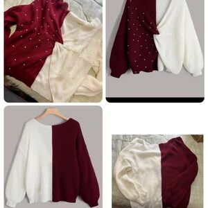 Red and White Crew Neck Sweaters with Plush Texture